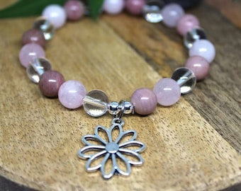 Bracelet en perle, Pierres naturelles, Quartz rose, Rhodochrosite, Cristal de roche, Bijoux féminin , Bracelet douceur, lithothérapie, perle