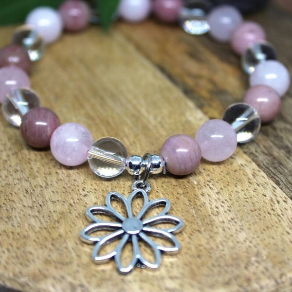 Bracelet en perle, Pierres naturelles, Quartz rose, Rhodochrosite, Cristal de roche, Bijoux féminin , Bracelet douceur, lithothérapie, perle