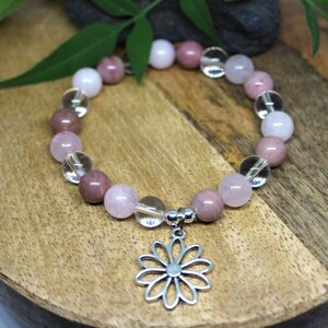 Bracelet en perle, Pierres naturelles, Quartz rose, Rhodochrosite, Cristal de roche, Bijoux féminin , Bracelet douceur, lithothérapie, perle image 4