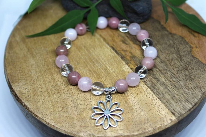 Bracelet en perle, Pierres naturelles, Quartz rose, Rhodochrosite, Cristal de roche, Bijoux féminin , Bracelet douceur, lithothérapie, perle image 4