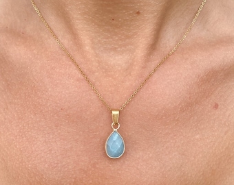 Faceted natural stone necklace, Aquamarine, fine stainless steel chain, golden jewelry, gold, semi precious stones, gift for her
