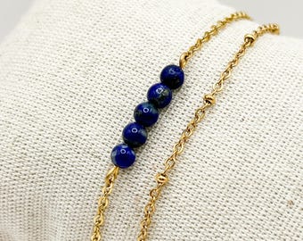 Lapis Lazuli Bracelet, Double Row Bracelet, Silver Stainless Steel, Crystal Jewelry, September Birthstone, Positive Healing