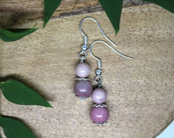 Natural stones earrings, lithotherapy, Pink rhodochrosite, christmas gift, dangling earrings, Stainless steel, pearl