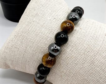 Bracciale Tripla Protezione In Ossidiana, Ematite E Occhio Di Tigre, Pietre Naturali, Regalo Spirituale