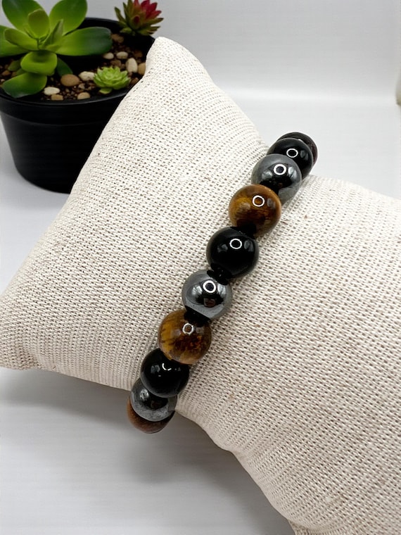 Set Di 2 Bracciali In Pietre Naturali: Occhio Di Tigre, Ossidiana E Tormalina – Regalo Unisex 19 Cm, Protezione Ed Eleganza