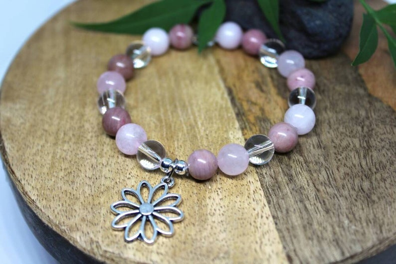 Bracelet en perle, Pierres naturelles, Quartz rose, Rhodochrosite, Cristal de roche, Bijoux féminin , Bracelet douceur, lithothérapie, perle image 3