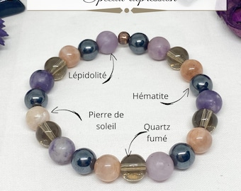 Bracelet dépression en lépidolite, quartz fumé, pierre de soleil , hématite, bracelet anxiété, pierre de guérison, bracelet anti-stress