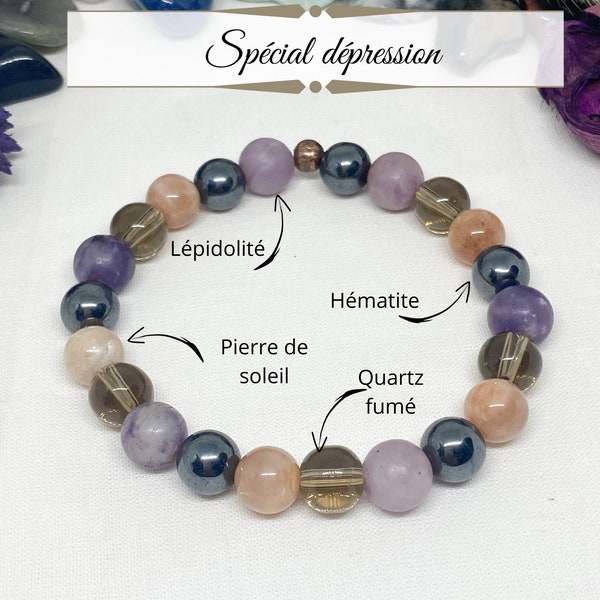 Bracelet dépression en lépidolite, quartz fumé, pierre de soleil , hématite, bracelet anxiété, pierre de guérison, bracelet anti-stress