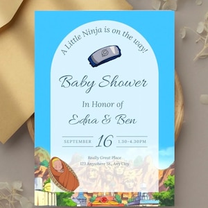 Faire-part de babyshower Naruto avec feuille cachée, NarutoInvitation de baby shower, Naruto, feuille cachée, toile modifiable, Ninja