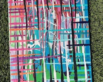 May include: Abstract art canvas with a vibrant mix of colors. The artwork features vertical black lines intersecting with horizontal lines in shades of pink, orange, purple, and white. Drips of paint add texture to the piece, with a background of teal and green.