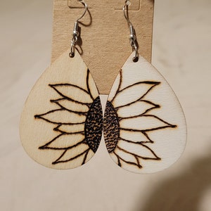 Sunflower wood burned dangle and drop tear drop shaped earrings with nickel free hook