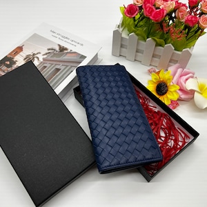 Colorful blue sheepskin wallet, long women's woven coin purse, multiple card slots, fashionable, soft and thin, a good gift for mother,