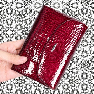 Cartera de mujer con estampado de cocodrilo rojo vino, cartera de piel de vaca hecha a mano, cartera de charol, bolso de mano auténtico de moda