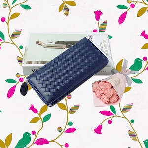Cartera tejida de piel de oveja de cuero genuino, cremallera larga hecha a mano, estilo coreano, bolso de mano con ranura para múltiples tarjetas para mujer, cartera simple, regalo para mamá