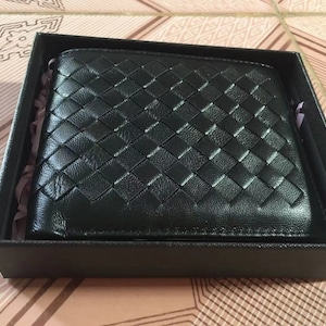 Cartera corta tejida de piel de oveja para hombre, ligera, para llevar al aire libre, suave, con ranura para múltiples tarjetas, hecha a mano