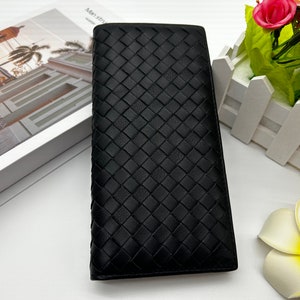 Schwarze Damenschaffell gewebte Brieftasche, lange Geldbörse, weiches und dünnes echtes Leder, mehrere Kartenfächer, ein ausgezeichnetes Geschenk für Freundin.