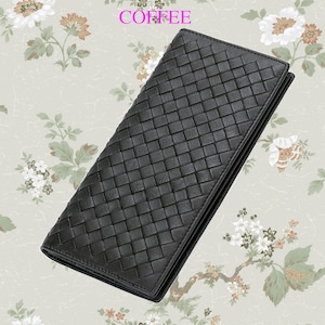Cartera de piel de oveja, cartera larga de cuero suave tejida a mano con múltiples ranuras para tarjetas, nuevo estilo moderno y superventas