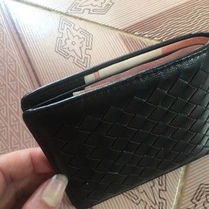 Mens Sheepskin Woven Wallet Short Black Handmade