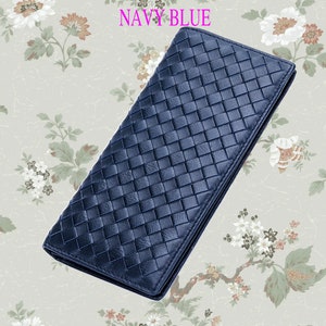 Cartera tejida de piel de oveja, cartera larga de cuero suave hecha a mano de color azul oscuro con múltiples ranuras para tarjetas, nuevo estilo moderno y popular