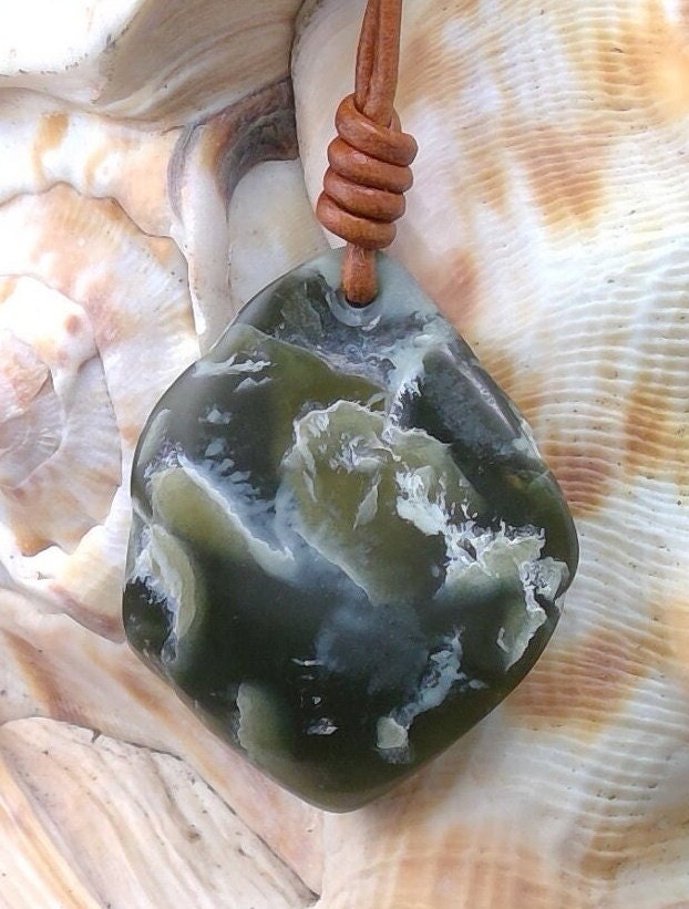 Wyoming Jade Pendant, Wyoming Olive Jade Necklace, Olive Jade Pendant, Wyoming Jade Leather