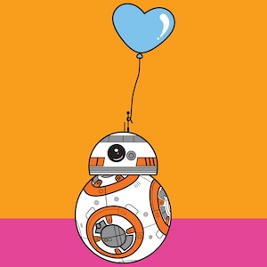 May include: Illustration of BB-8, a droid from Star Wars, holding a blue heart-shaped balloon. The droid is white with orange and gray details. The background is divided into orange and pink sections.
