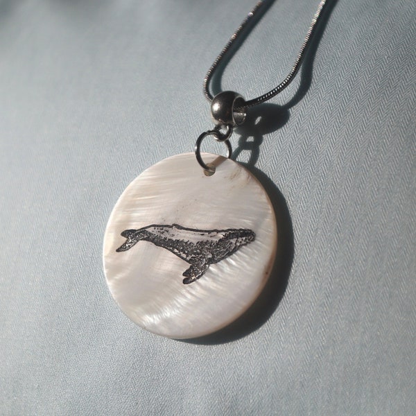 Scrimshaw Whale Pendant Necklace on Mother of Pearl Sea Shell