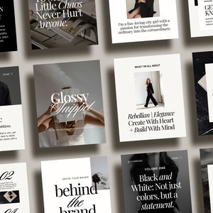 May include: A collage of black and white images with text overlays. The images feature a woman in a black blazer, a woman holding a magazine, and a woman in a white shirt. The text includes phrases like "Glossy Snippet", "Be Boldly Chic", "Rebellian | Elegance", "Create With Heart + Build With Mind", "Black and White: Not just colors, but a statement", and "The Style Edit".