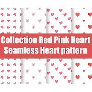 Puede incluir: Una colección de ocho patrones de corazones sin costuras en rojo y rosa sobre un fondo blanco. Los patrones presentan diferentes formas y tamaños de corazones.