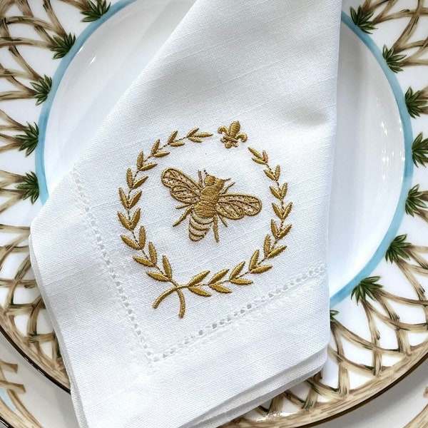 French Fleur de Lis Napkins | Bee Laurel Embroidered Napkin | Elegant Bee Linen Embroidery Cocktail Napkin | Wedding Gift | SET OF 4