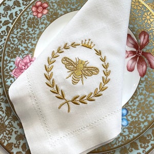 Queen Bee Embroidered Linen Napkin | French Bee Cotton  Embroidery Napkin | Anniversary | Wedding Gift | Hostess Gift Set | Mothers Day Gift