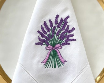 Lavender Bunch Linen Napkin | Embroidered Wedding Napkin | Wedding Linens | Mothers Day Gift | Housewarming Gift | Hostess Gift |Set of 4