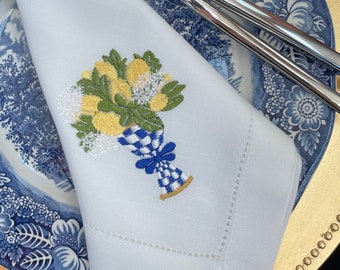 Embroidered Lemon Vase Dinner Napkin, 100% Cotton, Housewarming Gift