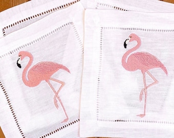 Flamingo Embroidered Cocktail Napkin / Set of 2-4-6 | Tropical Hostess Gift / Linen Cloth Flamingo Napkins / Summer Party