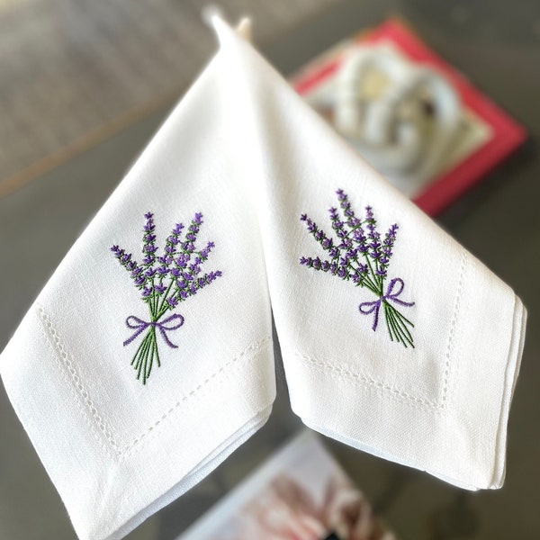 Lavender Linen Napkin | Embroidered Cotton Napkin | Wedding Linens | Mothers Day Gift | Housewarming Gift | Hostess Gift | Single or Set 4