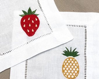 Embroidered Linen Cocktail Napkin: Strawberry-Pineapple Design