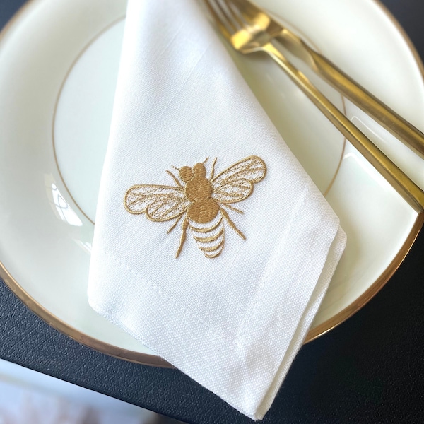 Elegant Bee Embroidered Linen Napkin | French Bee Linen Embroidery Napkin | Anniversary | Wedding Gift | Hostess Gift Set | Mothers Day Gift