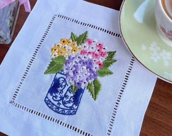 Linen Embroidered Hydrangeas Cocktail Napkin /  Blue Blanc Vase / Flower Embroidery Napkin / Linen  Coaster / Wedding Gift / Holiday Gift