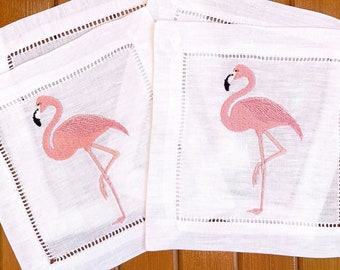 Embroidered Linen Flamingo Cocktail Napkin / Tropical Hostess Gift / Linen Cloth Flamingo Napkins / Summer Party / Set of 2,4