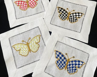 Embroidery Butterfly Cocktail Napkin / Linen Cocktail Napkin / Embroidered Coaster / Housewarming Gift / individual or Set of 4