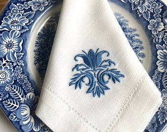 Fleur Royal Embroidered Linen Dinner Napkin | Hemstitch Cotton Napkin | Flower Napkin Set | Set of 4 | Table Setting | Anniversary | Wedding