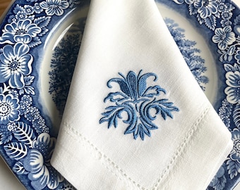 Embroidered Linen Dinner Napkins | Floral Hemstitch, Set of 4