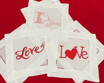 Set of 4 Valentine’s Day Linen Cocktail Napkins | Embroidered Heart Napkin | Hostess Gift | Wedding Party | Engagement | Love Cloth Napkin
