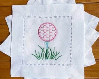 Golf Embroidered Cocktail Napkin | Racket Embroidery Napkin | Hemstitched Linen Napkin | Individual or Set of 4