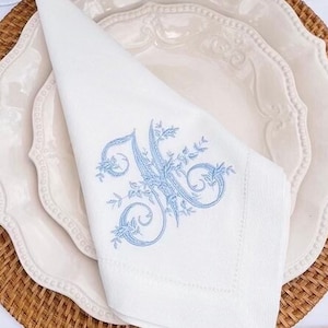 Custom Embroidered Wedding Napkins with Initials | Victorian Monogram | Linen Hemstitch Napkins | Personalized Gift for Bride