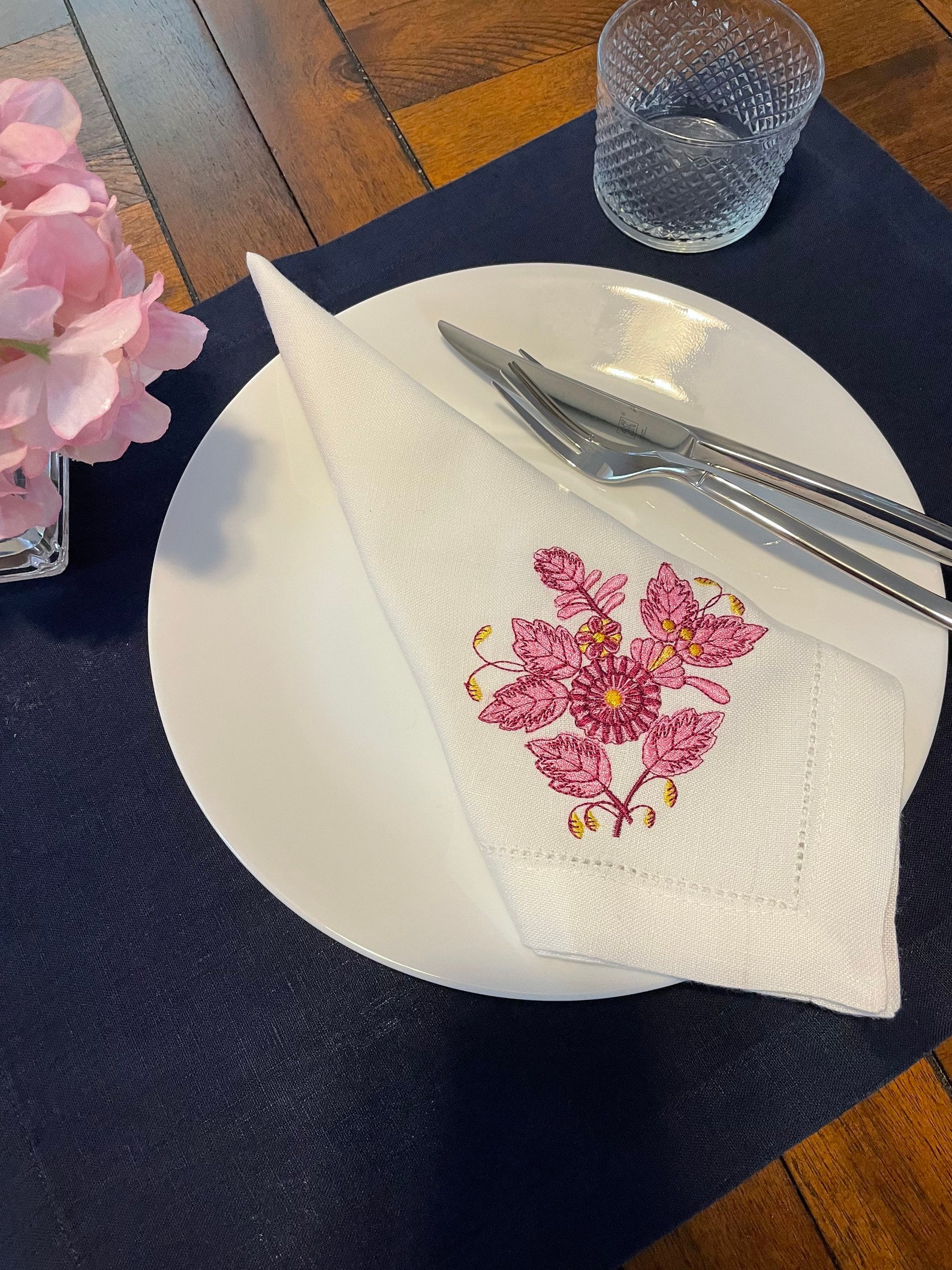 Embroidered Linen Napkin Hemstitch Napkin Blue Flowers Etsy