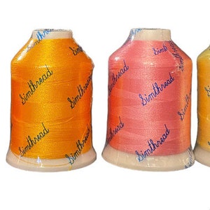 May include: Four spools of thread in orange, yellow, pink, and light yellow. Each spool has the text "Simthread" printed on it.