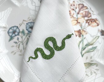Embroidered Snake Napkin | Lunar New Year | Year of the Snake | Hemstitch Dinner Napkin
