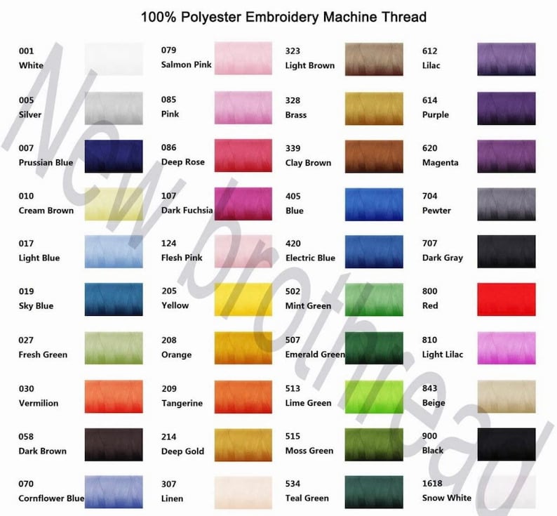 May include: A chart of 100% polyester embroidery machine thread spools with color swatches and corresponding numbers. The colors include white, silver, Prussian blue, cream brown, light blue, sky blue, fresh green, vermilion, dark brown, cornflower blue, salmon pink, pink, deep rose, dark fuchsia, flesh pink, yellow, orange, tangerine, deep gold, linen, light brown, brass, clay brown, blue, electric blue, mint green, emerald green, lime green, moss green, teal green, lilac, purple, magenta, pewter, dark gray, red, light lilac, beige, black, and snow white.