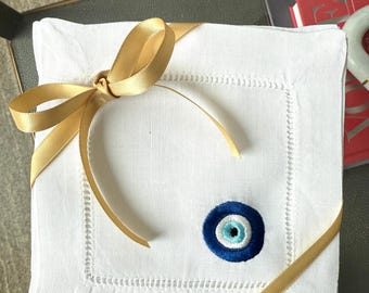 Embroidered Evil Eye Linen Cocktail Napkin, Good Luck Charm