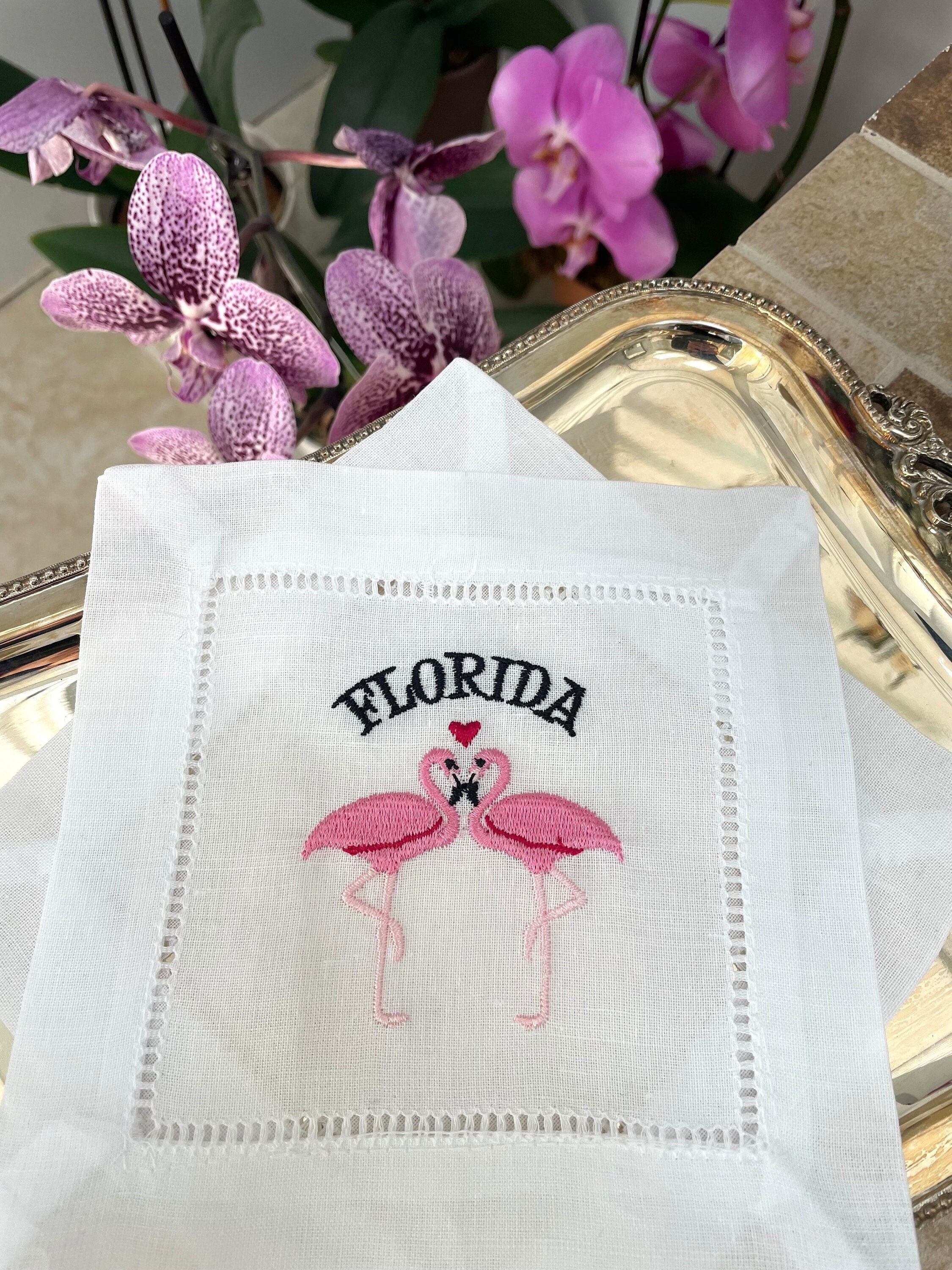 Embroidered Linen Flamingo Cocktail Napkin Tropical Hostess Gift Linen Cloth Flamingo Napkins Summer Party Set of 24